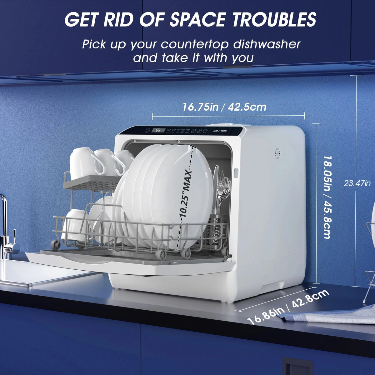 AIRMSEN Portable Countertop Dishwasher With 5L Built-In Water Tank And 5 Washing Programs - AE-TDQR03