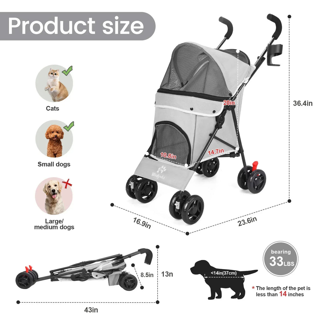 4-Wheel Foldable Cat And Dog Stroller With Storage Basket And 360 Degree Front Wheels - Gray
