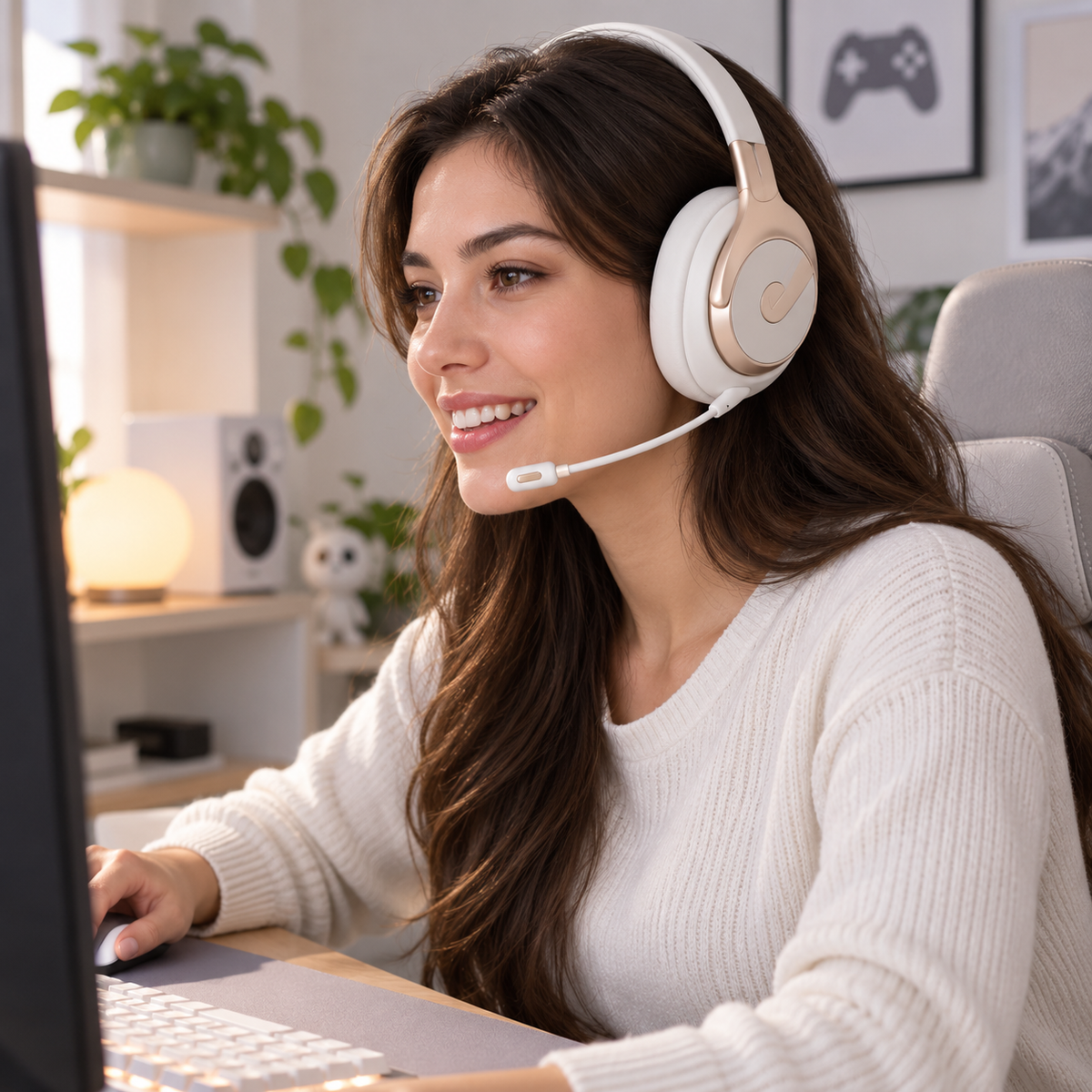 White Gold Over-Ear Headset with Detachable Boom Microphone