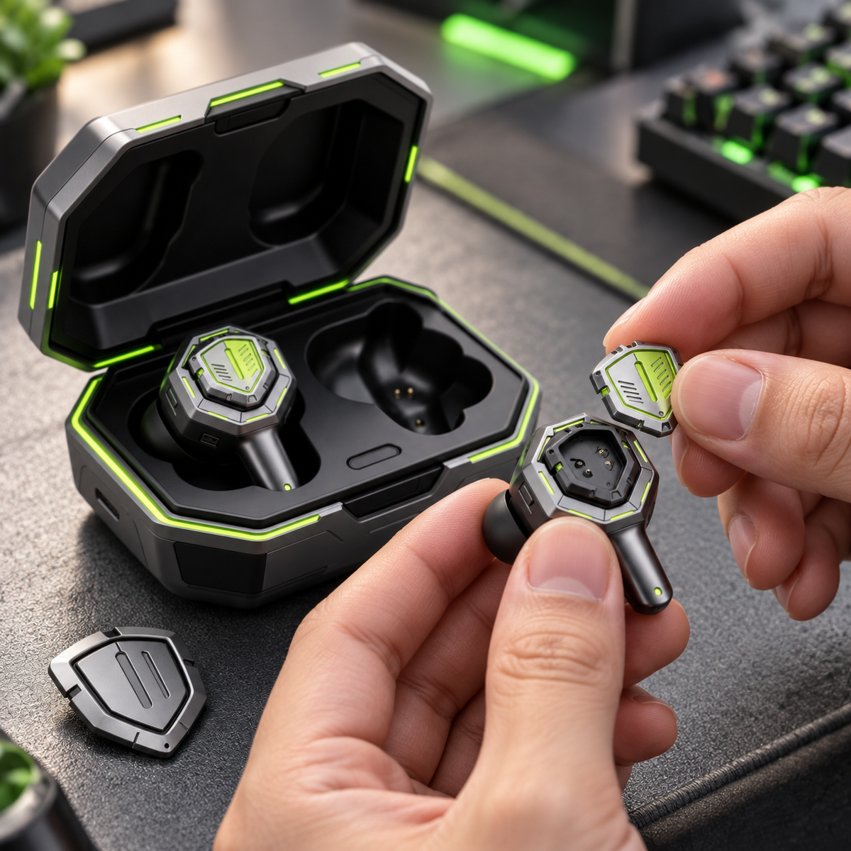 Mecha Shield Gaming TWS Earbuds with Magnetic Interchangeable Faceplates