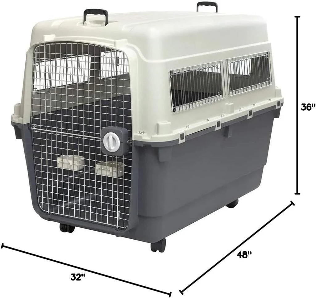 SportPet Designs Plastic Airline Approved Rolling Dog Kennel With Wire Door, XXX-Large, Gray, 48in L x 32in W x 36in H