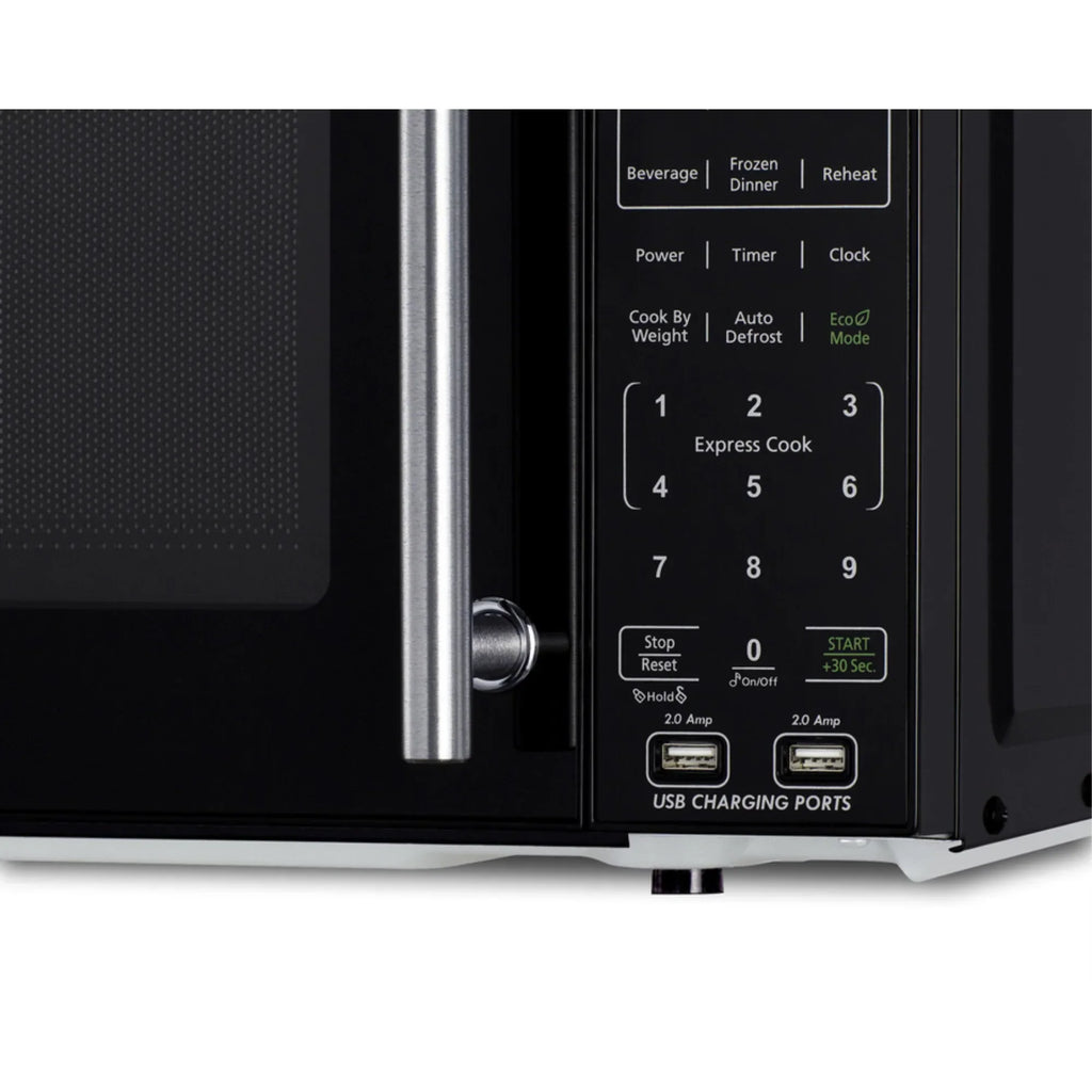 Compact Countertop Microwave, Black With 2 USB Ports And Built-In Power Allocator