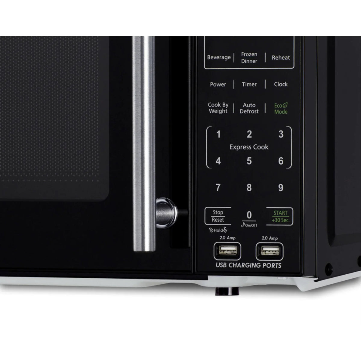 Compact Countertop Microwave, Black With 2 USB Ports And Built-In Power Allocator