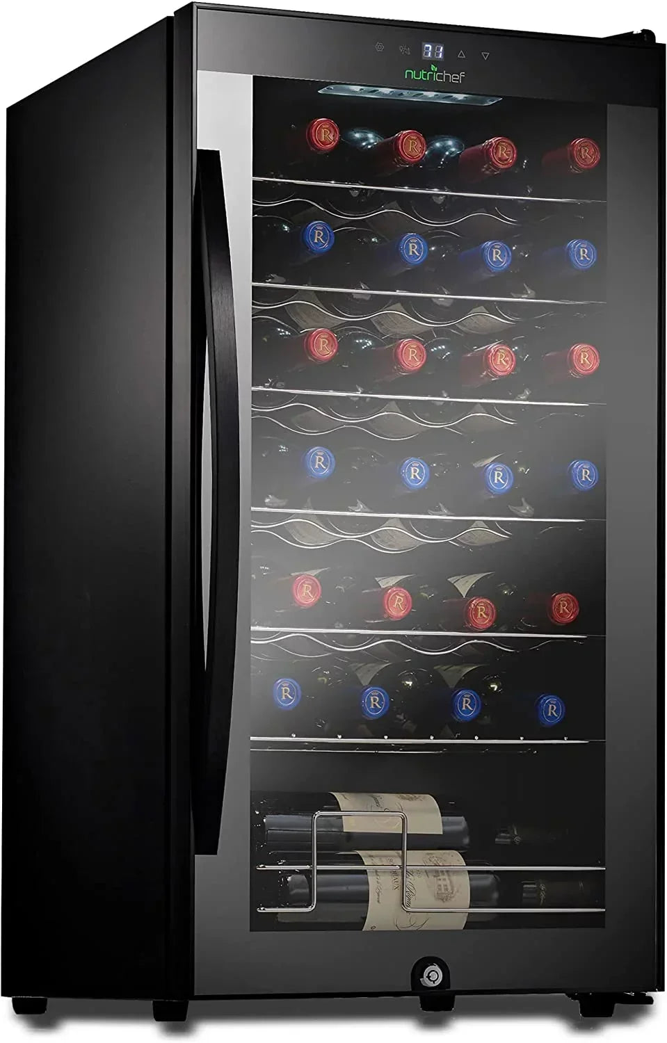 NutriChef Compressor Wine Cooler Refrigerator, 28 Bottle, Black Glass Door