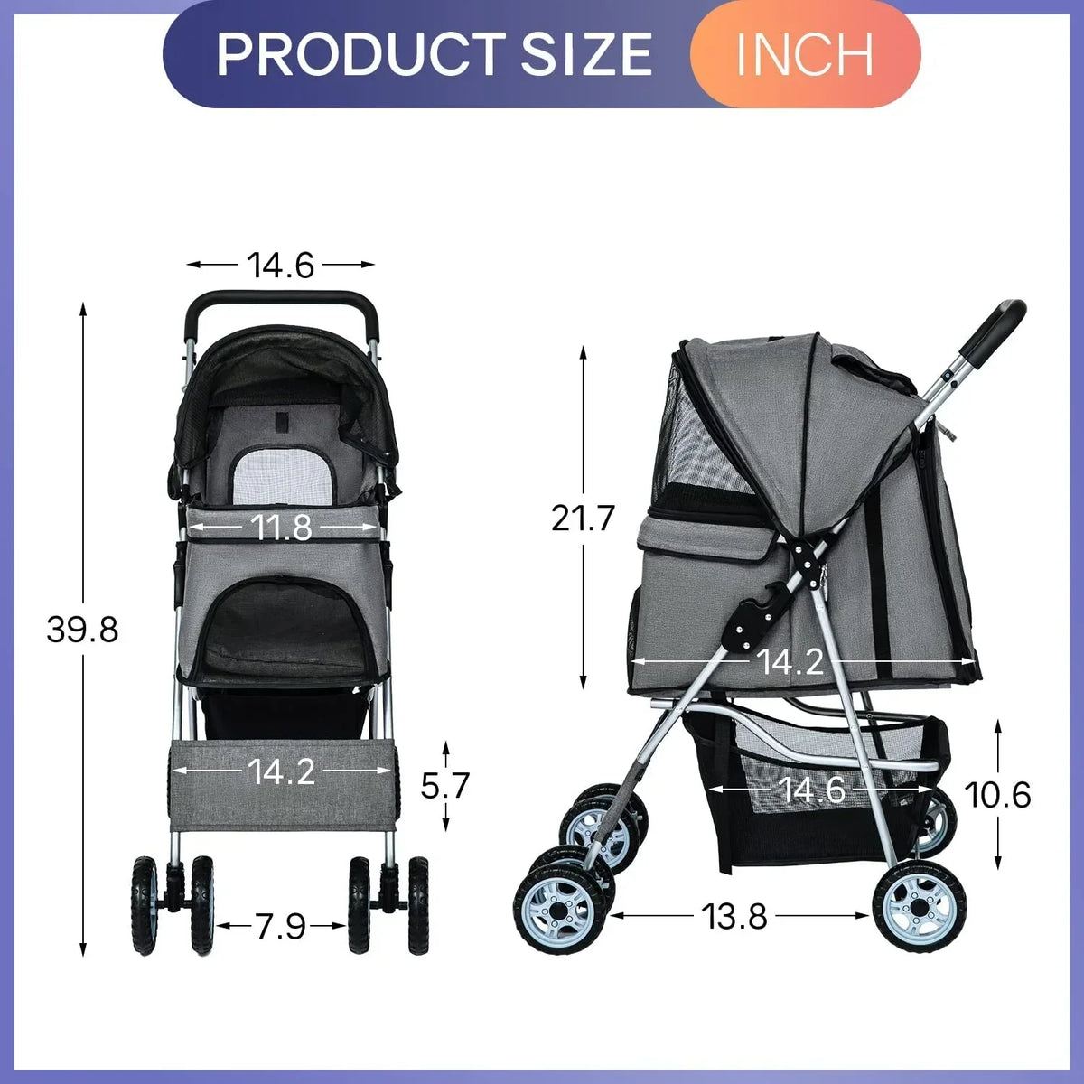 Dkelincs 4-Wheel Foldable Dog Cat Stroller Travel Carrier, Grey - 29.5in L x 18.9in W x 39.8in H