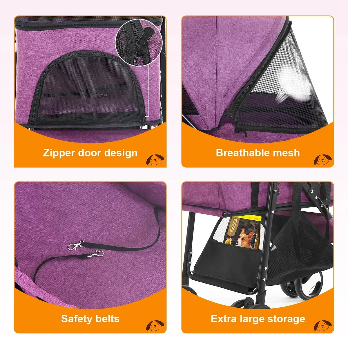 NiamVelo 3-in-1 Detachable Pet Stroller With 4 Wheels, Purple