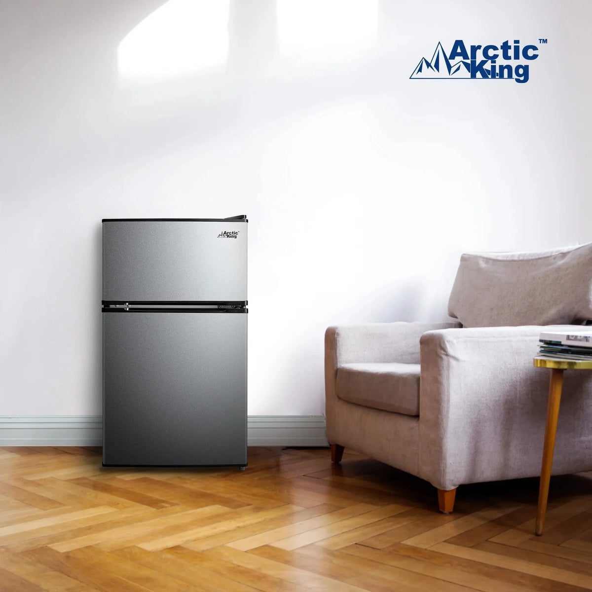 Arctic King Two-Door Mini Fridge With Freezer, 3.2 Cu ft, 18.5 in x 19.4 in x 33.3 in, Stainless Steel - E-Star