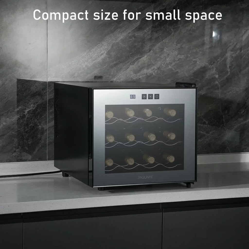 JINJUNYE Countertop Wine Cooler Refrigerator, 12 Bottle, Glass Door