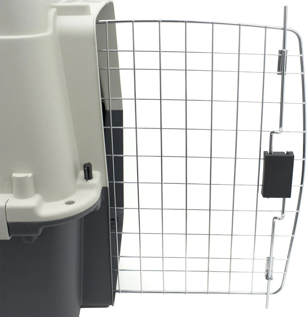 SportPet Designs Plastic Airline Approved Rolling Dog Kennel With Wire Door, XXX-Large, Gray, 48in L x 32in W x 36in H