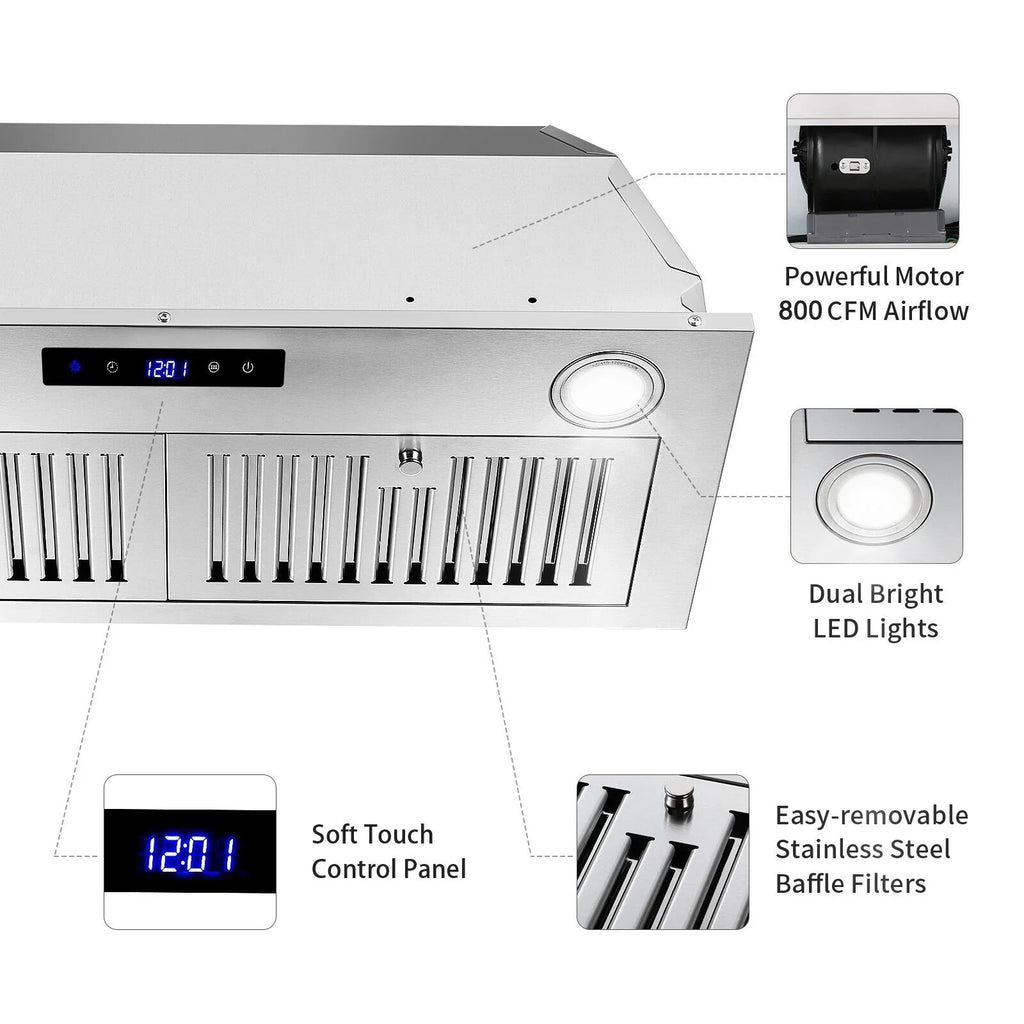 30 Inch Built-In Range Hood 800 CFM 3-Speed Touch Control