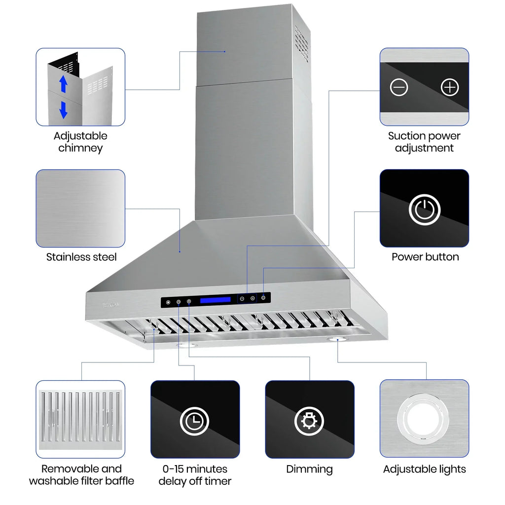 EKON KITCHEN EXPERT 36 Inches Stainless Steel Convertible Wall Mount Range Hood With Charcoal Filter And Remote Control - NAP04-36
