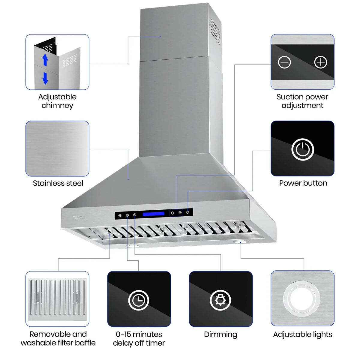 EKON KITCHEN EXPERT 36 Inches Stainless Steel Convertible Wall Mount Range Hood With Charcoal Filter And Remote Control - NAP04-36