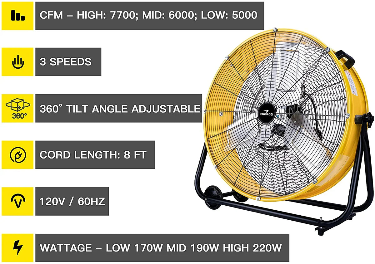 Tornado 24 Inch High Velocity 3-Speed Drum Air Circulator Fan, 7800 CFM, Yellow - HI-FAN-DRUM24-1P