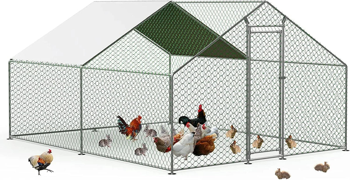 Metal Walk-In Chicken Run Cage With Cover, 10'L X 6.6'W X 6.56'H