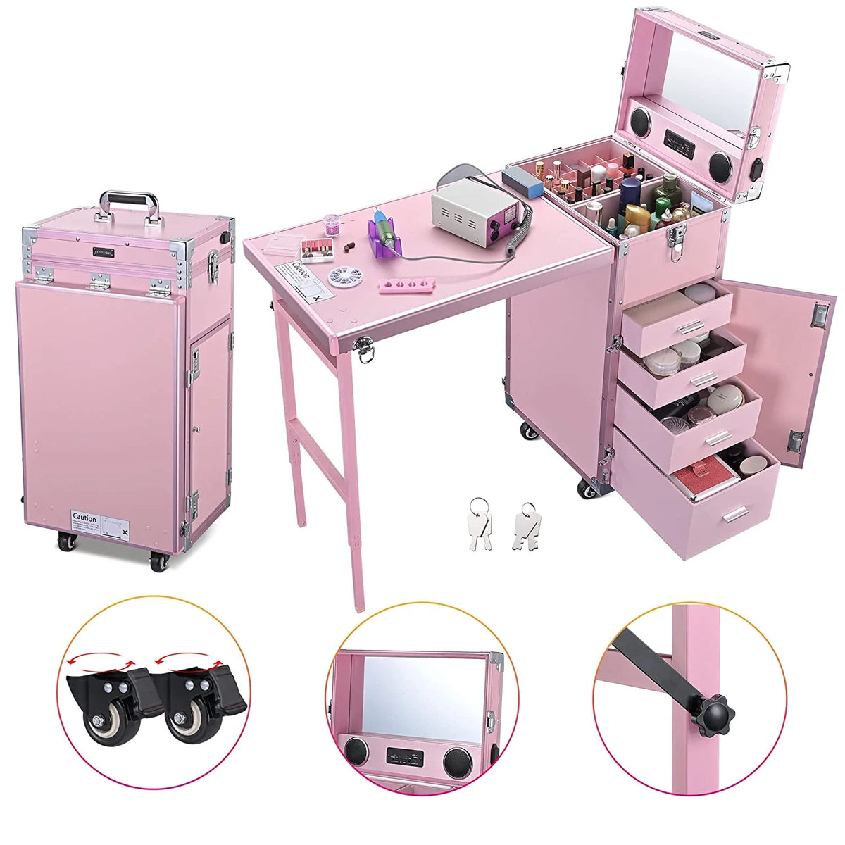 BYOOTIQUE Mobile Nail Station Rolling Makeup Train Case With Mirror, 4 Drawers - Pink