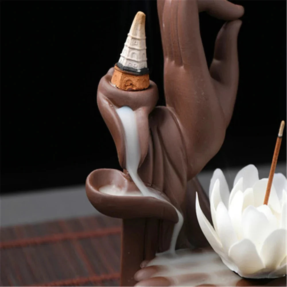 Backflow Incense Waterfall Burner - Buddha Hand Ceramic Lotus