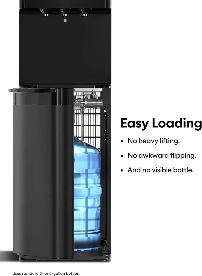 Self-Cleaning Bottom-Loading Water Cooler, Black Stainless Steel, 5 Gallons, 13.5in D x 12in W x 40.5in H