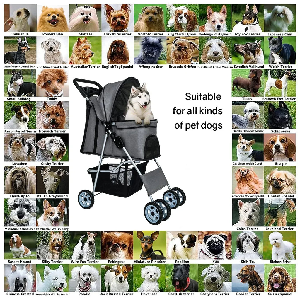 Dkelincs 4-Wheel Foldable Dog Cat Stroller Travel Carrier, Grey - 29.5in L x 18.9in W x 39.8in H