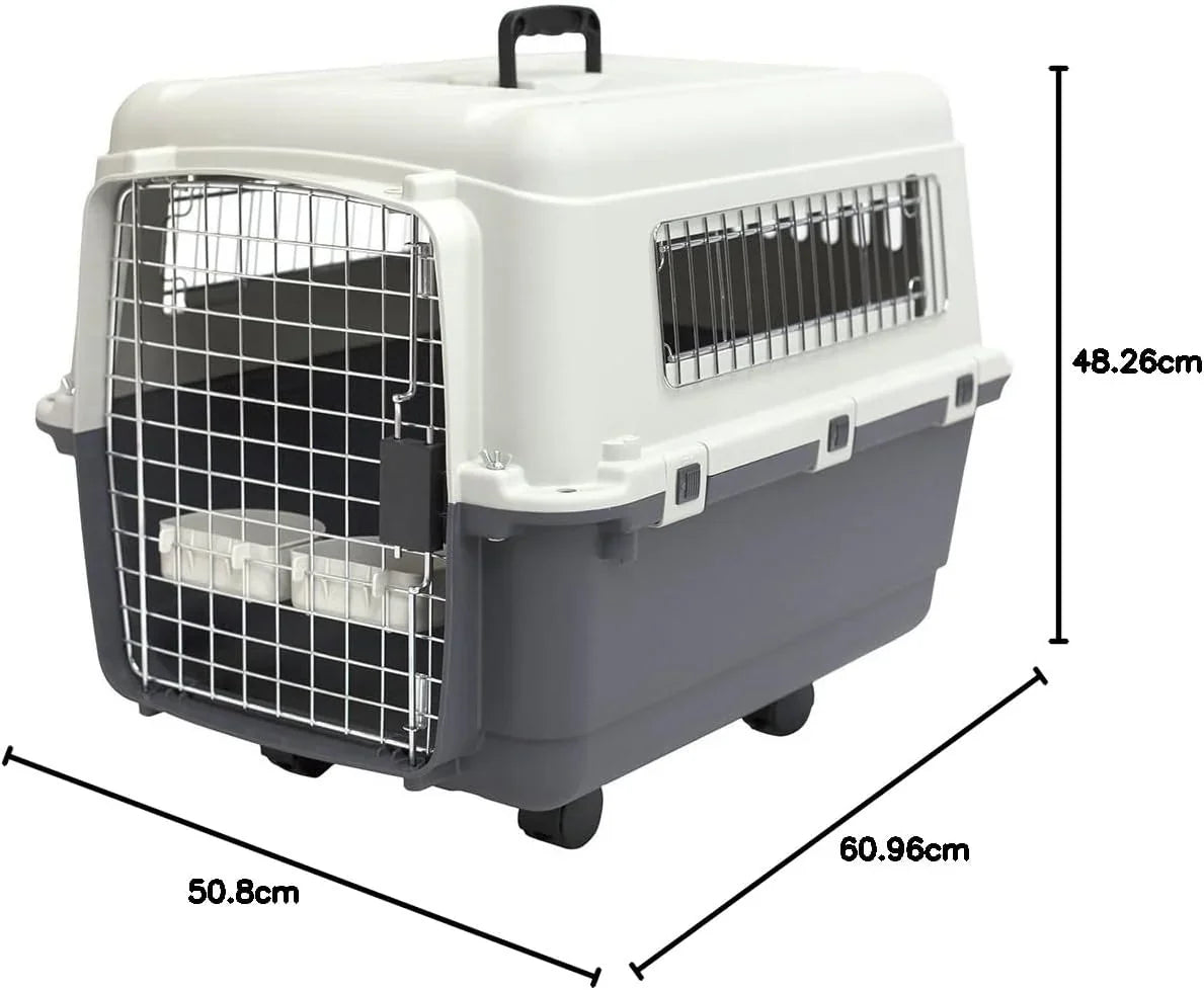 SportPet Designs Plastic Airline Approved Rolling Dog Kennel With Wire Door, XXX-Large, Gray, 48in L x 32in W x 36in H