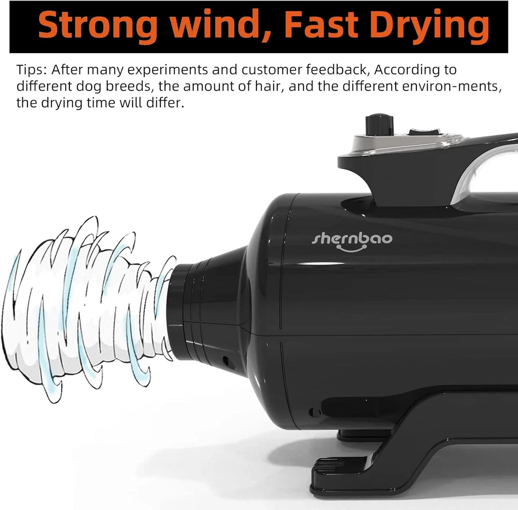 Shernbao Professional Dog Force Dryer, 6.0HP, Jet Black - DHD-2400T