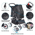 Foldable Cat/Dog Pet Stroller With 4 Wheel, Storage Basket, Cup Holder - Black