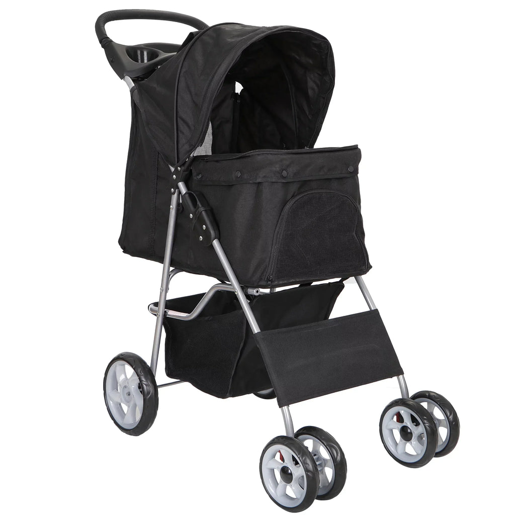 HomGarden 4 Wheel Foldable Pet Stroller Carrier Cart With Storage Basket And Cup Holder - Black