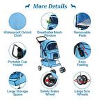 Dkelincs Folding Pet Stroller With Cup Holder And Storage Basket, Blue - 35 lbs