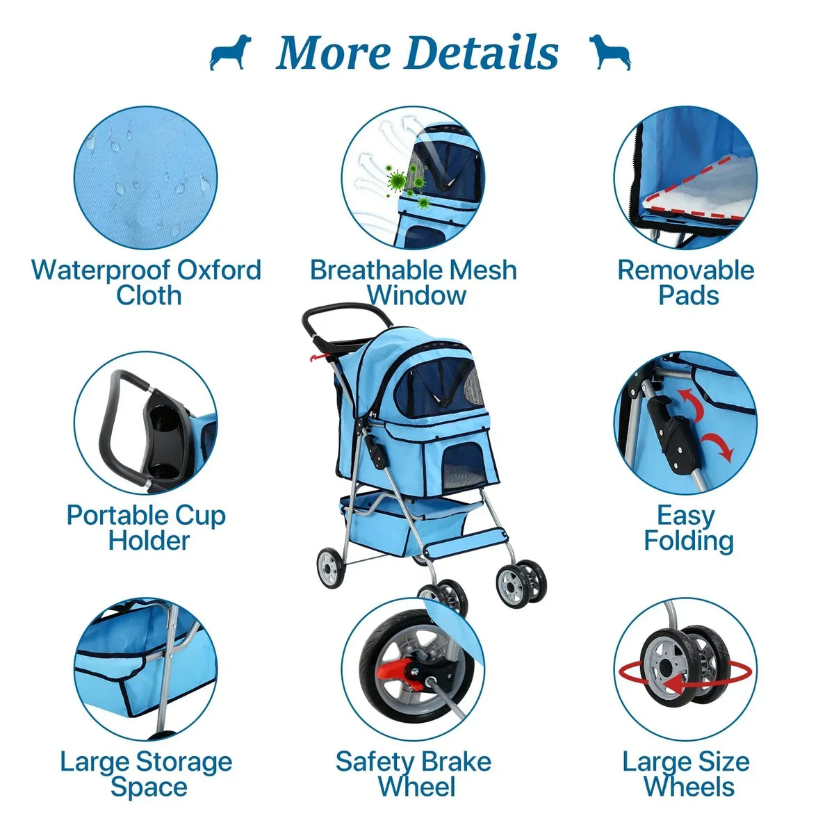 Dkelincs Folding Pet Stroller With Cup Holder And Storage Basket, Blue - 35 lbs