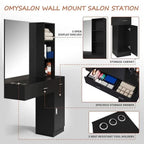 OmySalon Wall Mount Salon Station With Mirror, 1 Storage Cabinet, 2 Drawers And 3-Tier Shelf - Black