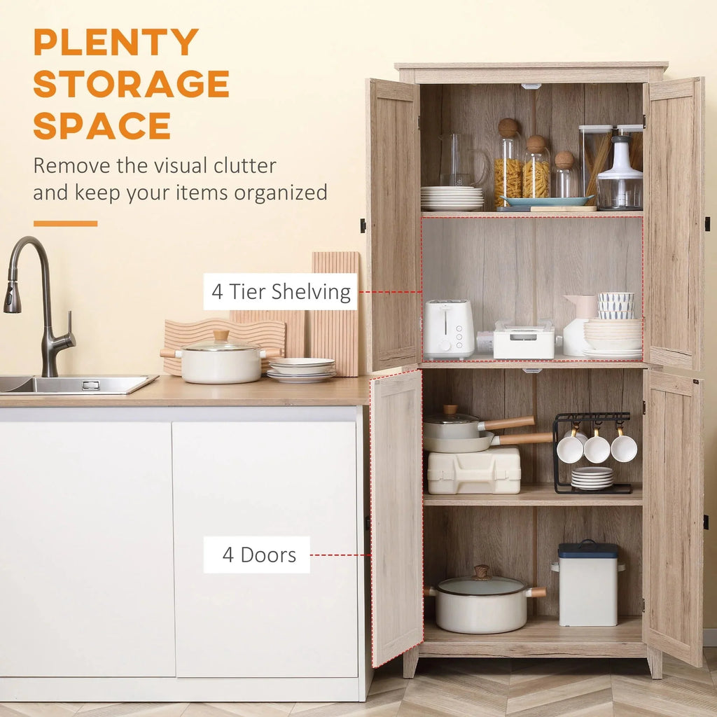 HOMCOM Freestanding 4-Door Kitchen Pantry Storage Cabinet, 72in, 4-Tier - Adjustable Shelves