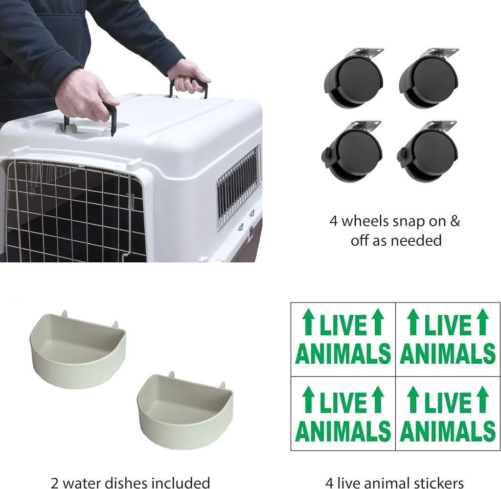 SportPet Designs Plastic Airline Approved Rolling Dog Kennel With Wire Door, XXX-Large, Gray, 48in L x 32in W x 36in H