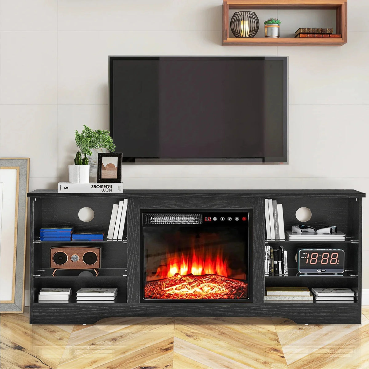Waleaf TV Stand With 18 in Electric Fireplace And Adjustable Glass Shelves - TVs Up To 65 inch