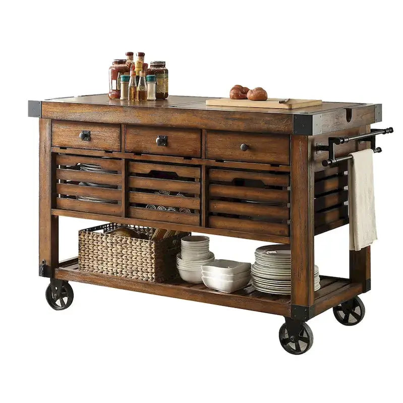 Kitchen Island Cart With 3 Drawers, Wood And Metal, Distressed Chestnut