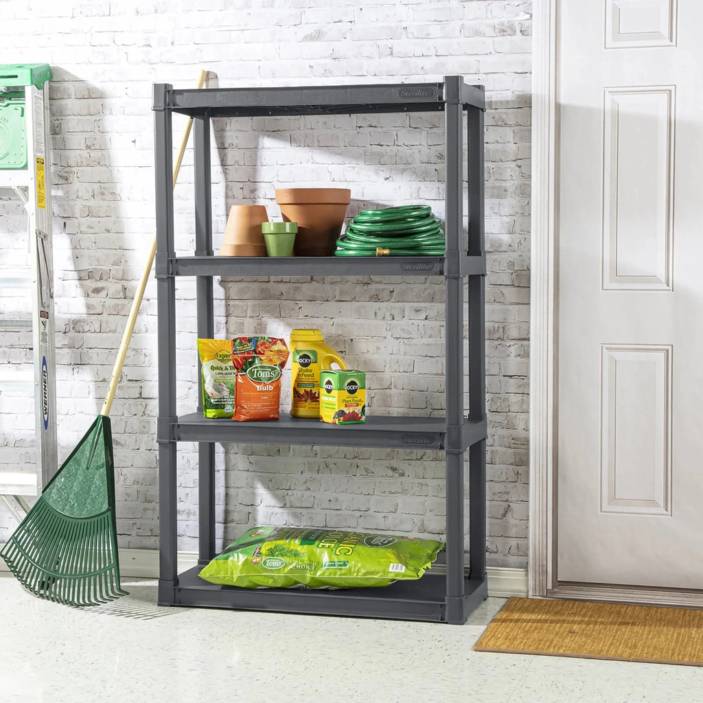 Sterilite Plastic Indoor Outdoor 4-Shelf Shelving Unit, Flat Gray, 3 Pack