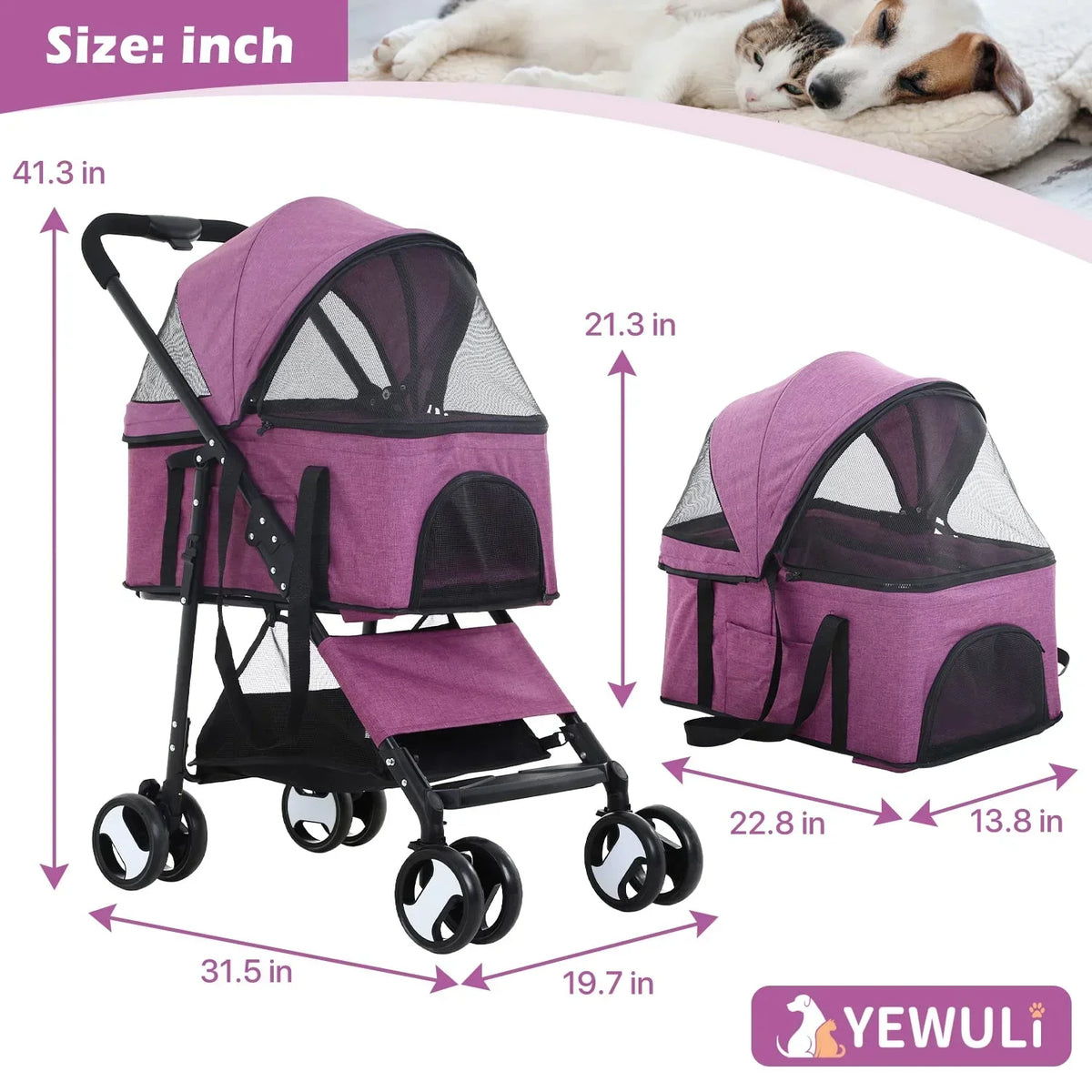 NiamVelo 3-in-1 Detachable Pet Stroller With 4 Wheels, Purple