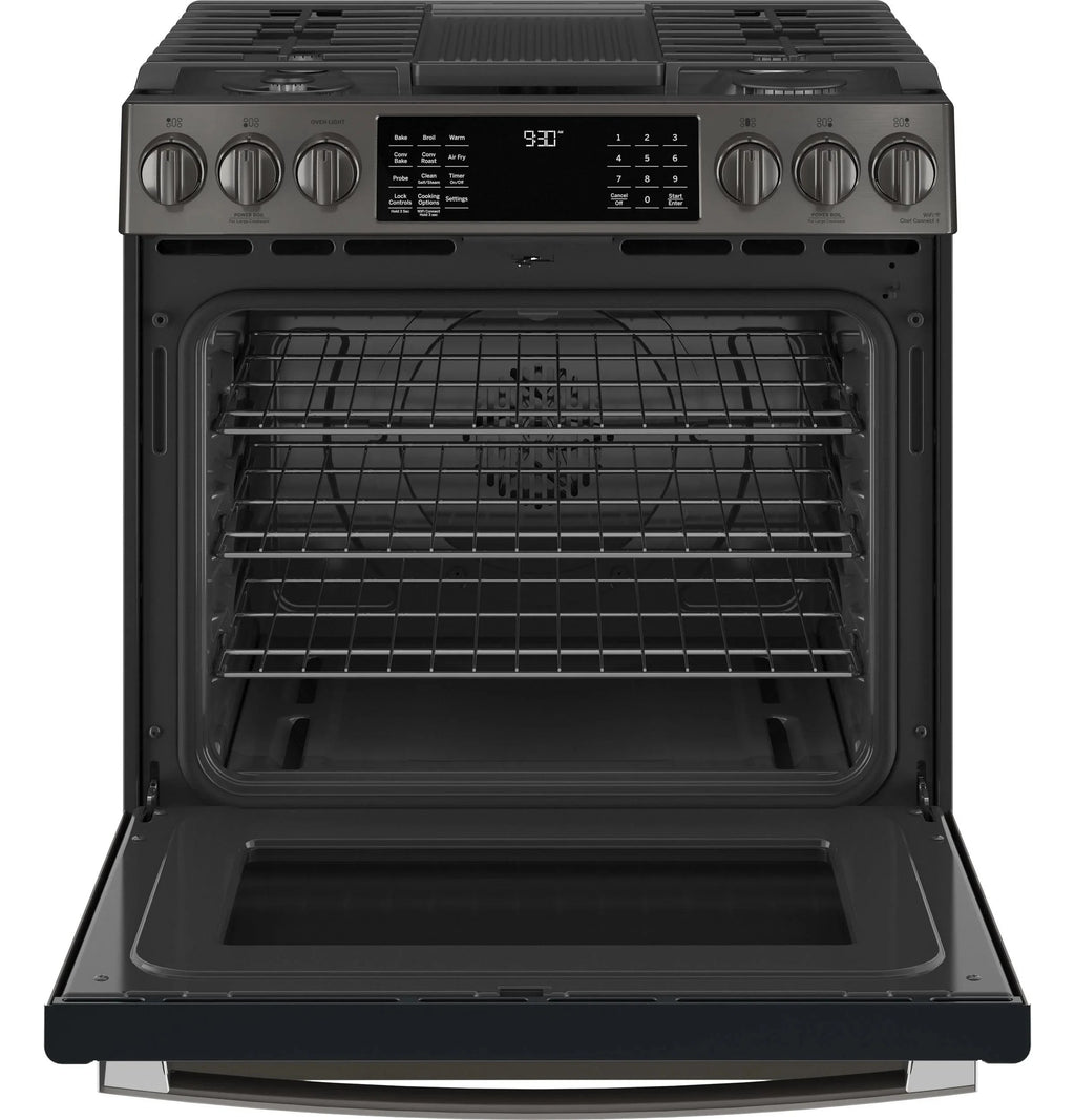 GE APPLIANCES Profile 30in Smart Slide-In Front-Control Gas Range, Black Stainless - PGS930BPTS