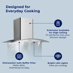Wall Mount Range Hood 30 inch Convertible Tempered Glass 3-Speed 450 CFM - 3375B