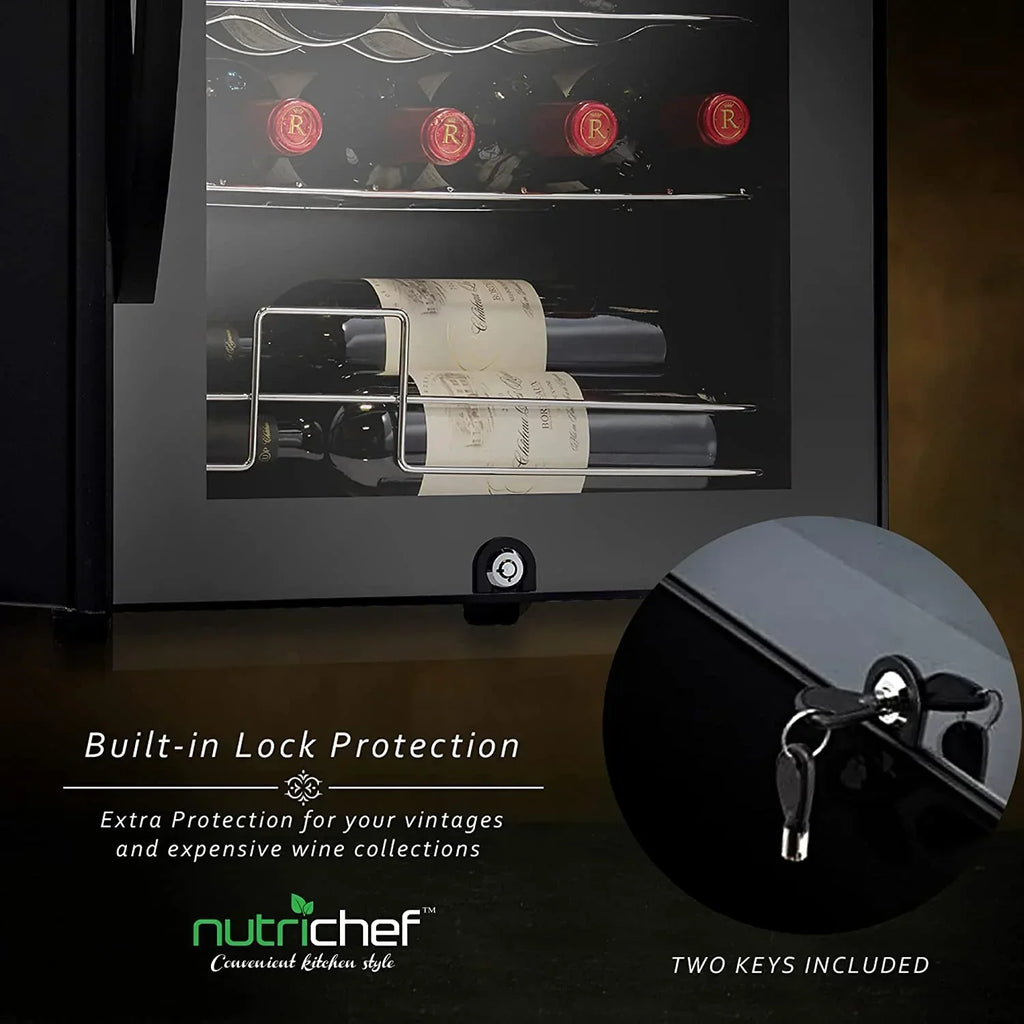 NutriChef Compressor Wine Cooler Refrigerator, 28 Bottle, Black Glass Door