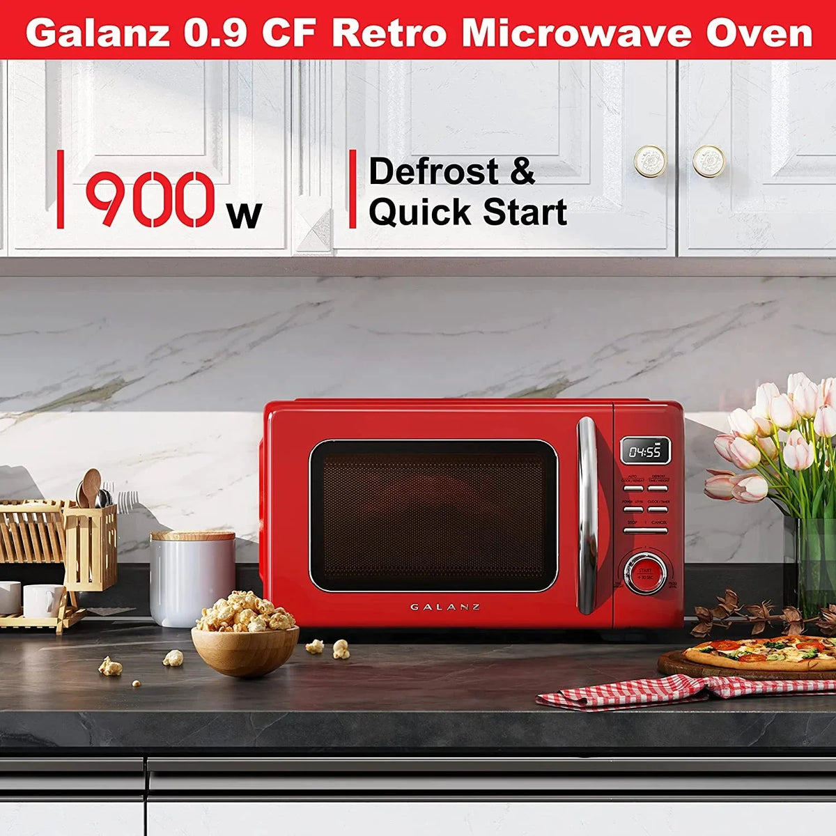 Galanz Retro Countertop Microwave Oven, 0.9 cu ft, Red - GLCMKZ09RDR09