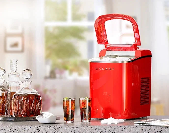 Galanz Portable Countertop Ice Maker, 26 lbs in 24 Hours, 9 Bullet Cubes in 9 Minutes, 2 Ice Sizes, 2.1 L, Retro Red