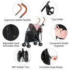 3 In 1 Folding Pet Stroller With Storage Basket And Cup Holder, Pink