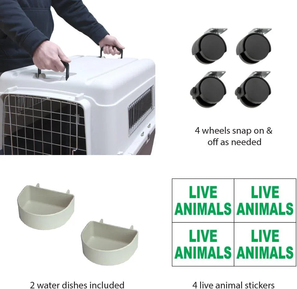SportPet Designs Plastic Airline Approved Rolling Dog Kennel With Wire Door, XXX-Large, Gray, 48in L x 32in W x 36in H
