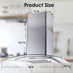 Wall Mount Range Hood 30 inch Convertible Tempered Glass 3-Speed 450 CFM - 3375B
