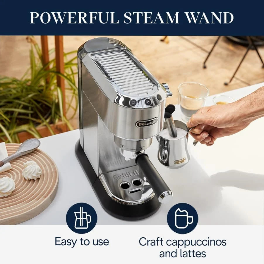 De'Longhi Dedica Espresso Machine With Manual Milk Frother, 1 Liters, Silver - EC680M