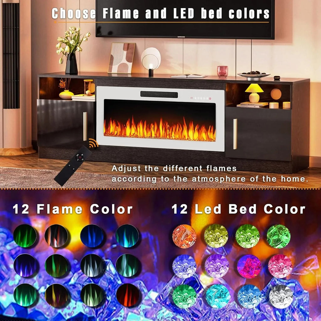 Waleaf TV Stand With 18 in Electric Fireplace And Adjustable Glass Shelves - TVs Up To 65 inch