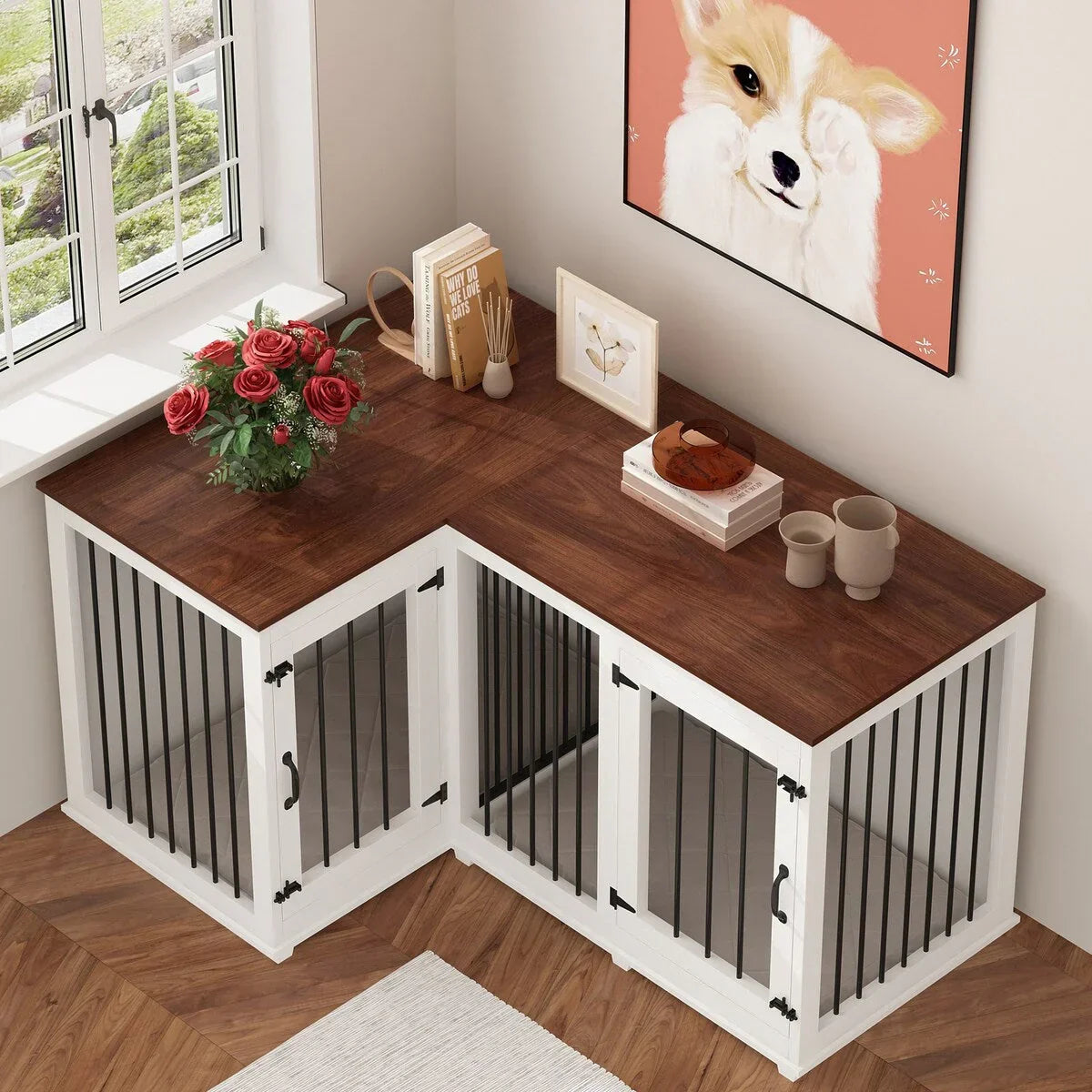 L Shape Corner Dog Crate Furniture For 2 Dogs, 58.7X41.1