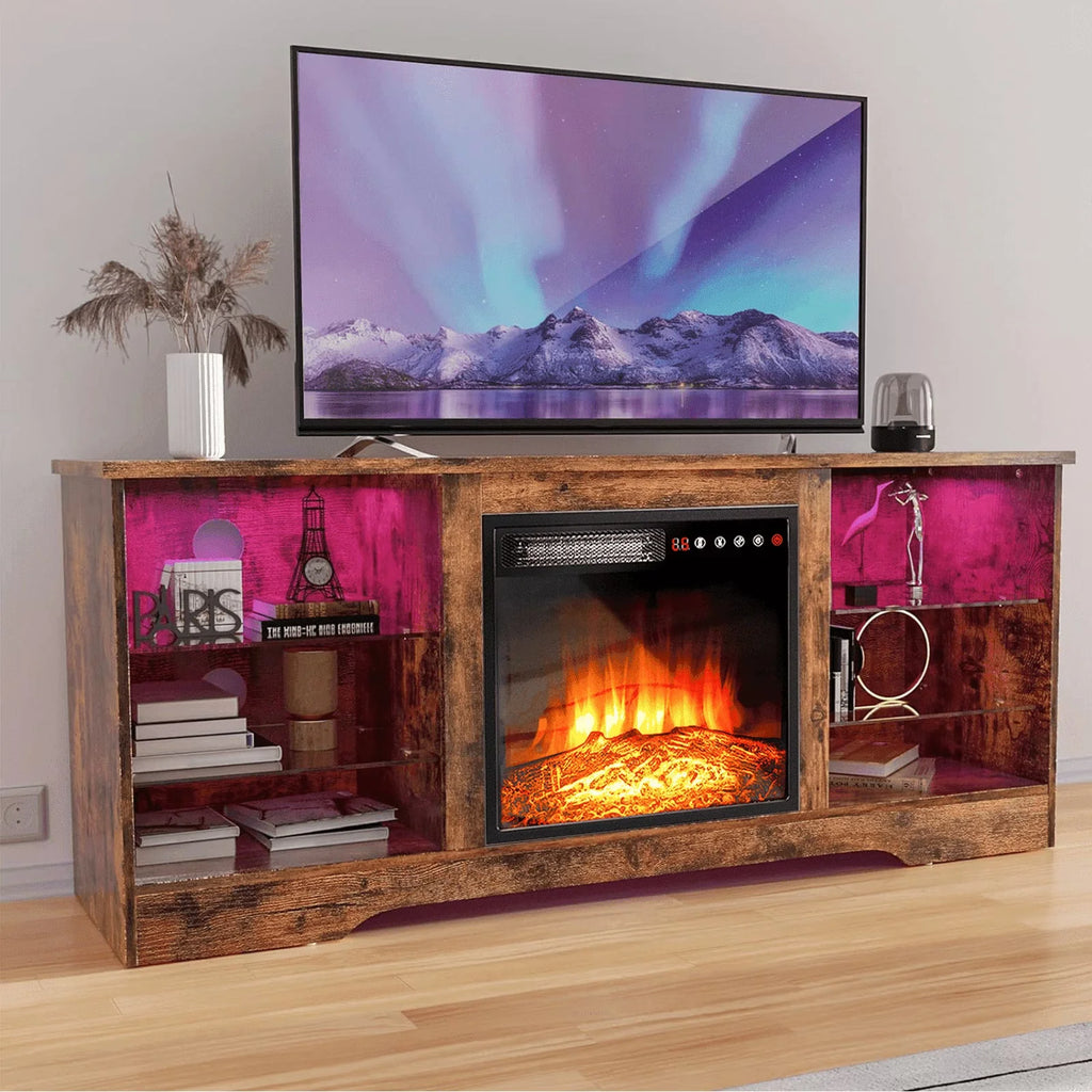 Waleaf TV Stand With 18 in Electric Fireplace And Adjustable Glass Shelves - TVs Up To 65 inch