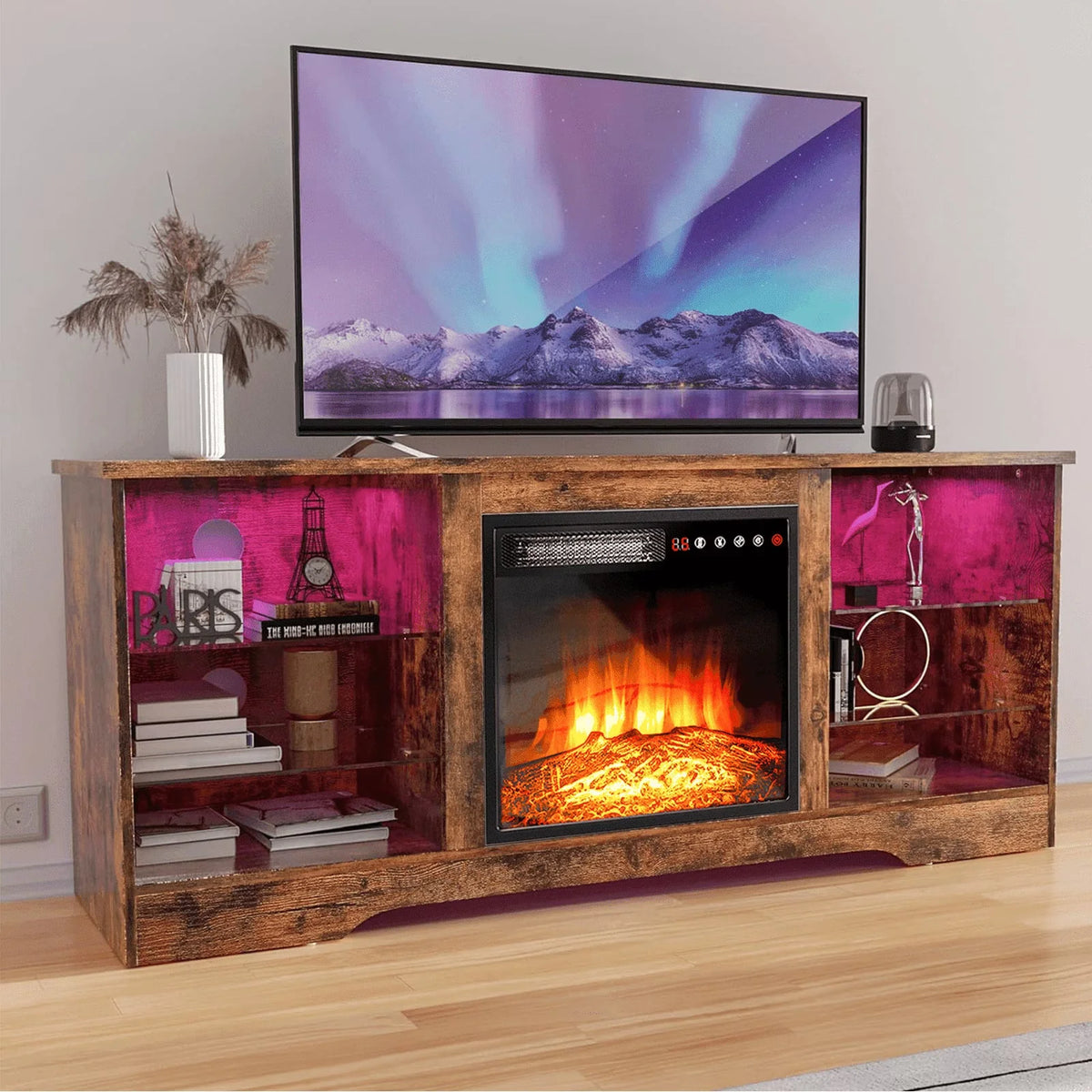 Waleaf TV Stand With 18 in Electric Fireplace And Adjustable Glass Shelves - TVs Up To 65 inch