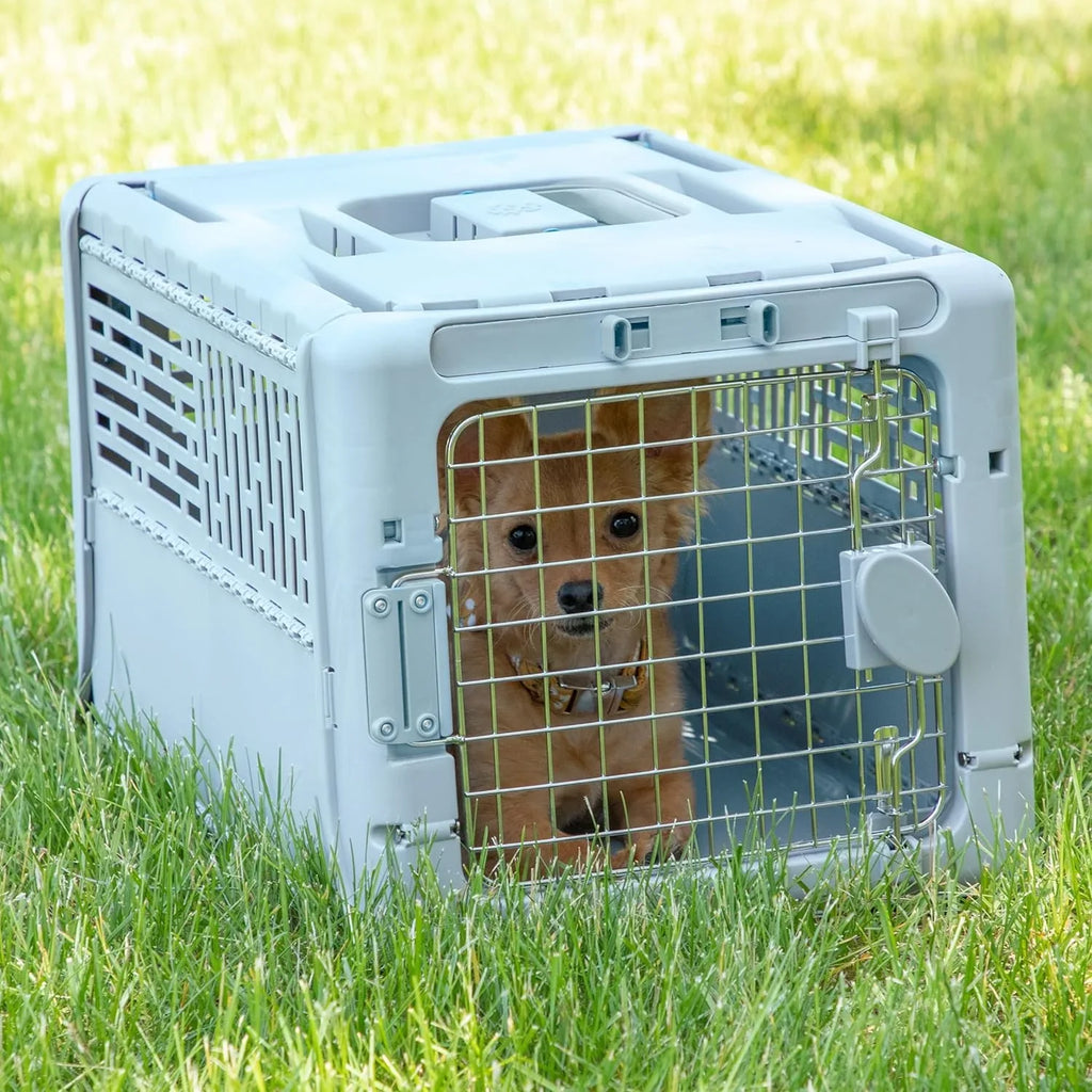 SportPet Designs Plastic Airline Approved Rolling Dog Kennel With Wire Door, XXX-Large, Gray, 48in L x 32in W x 36in H