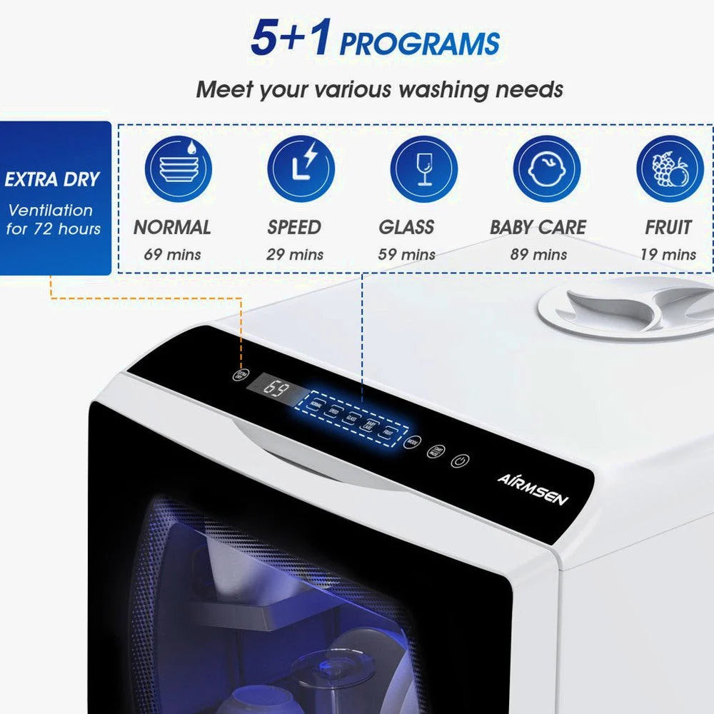 AIRMSEN Portable Countertop Dishwasher, 5-Liter Built-In Water Tank, 5 Washing Programs - AE-TDQR03